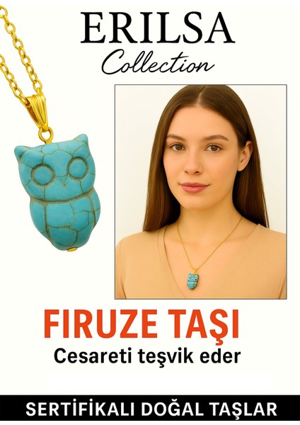 Sertifikalı Gold Baykuş Model Firuze Turkuaz Taşı Kolye Korur