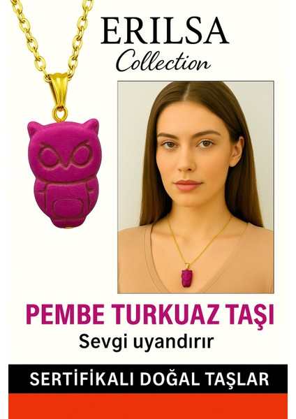 Sertifikalı Gold Baykuş Model Pembe Turkuaz Taşı Kolye Sevgi ve Huzur Verir
