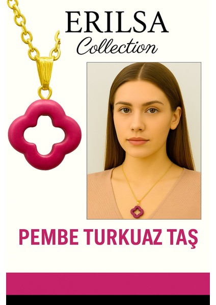Sertifikalı Gold Yonca Model Pembe Turkuaz Taşı Kolye Duygusal Denge Sağlar