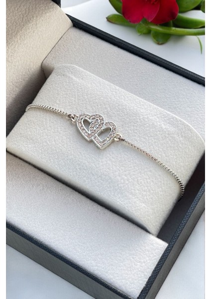 Gümüş Renk Asansörlü Renk Atmaz Ayarlanabilir Zirkon Ikili Kalp Detay Kadın Bileklik