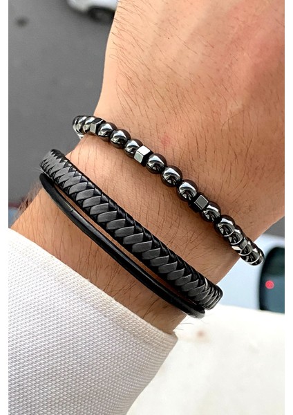 Premium Kalite Şık Tasarım Mıknatıs Klipsli Erkek Deri Bileklik & Doğal Taş Bileklik Seti