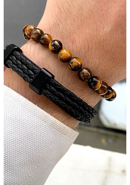 Premium Kalite Şık Tasarım Mıknatıs Klipsli Erkek Deri Bileklik & Doğal Taş Bileklik Seti