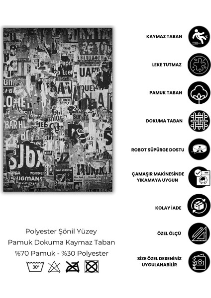 Siyah Beyaz Gazete Desenli Halı Dijital Baskılı Yıkanabilir Dokuma Kaymaz Tabanlı Salon Halısı
