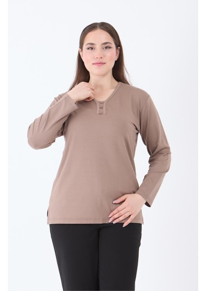 Kadın Orta Yaş ve Üzeri V Yaka Likralı Vizon Anne Penye Bluz