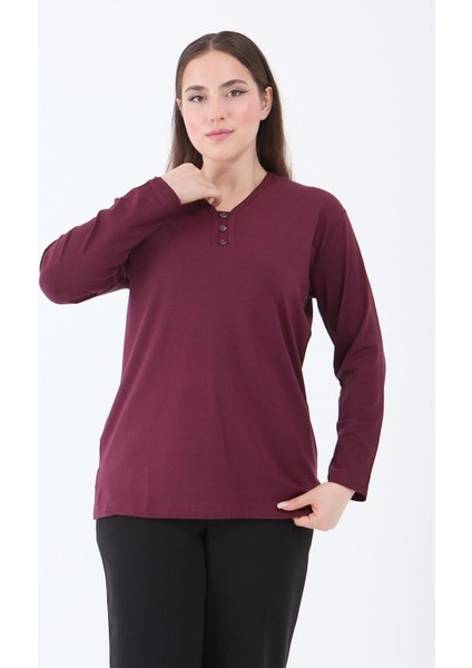 Kadın Orta Yaş ve Üzeri V Yaka Likralı Vişne Rengi Anne Penye Bluz