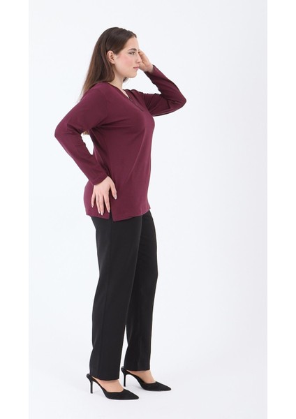 Kadın Orta Yaş ve Üzeri V Yaka Likralı Vişne Rengi Anne Penye Bluz modelleri