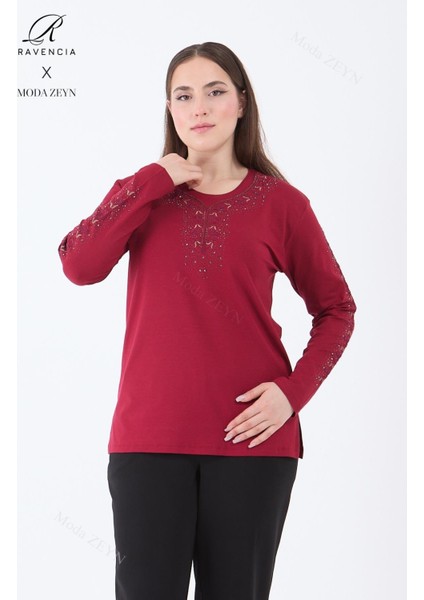 Kadın Orta Yaş ve Üzeri Viskon Şerit Çiçek Desen Taşlı Işlemeli Likralı Bordo Anne Penye Bluz