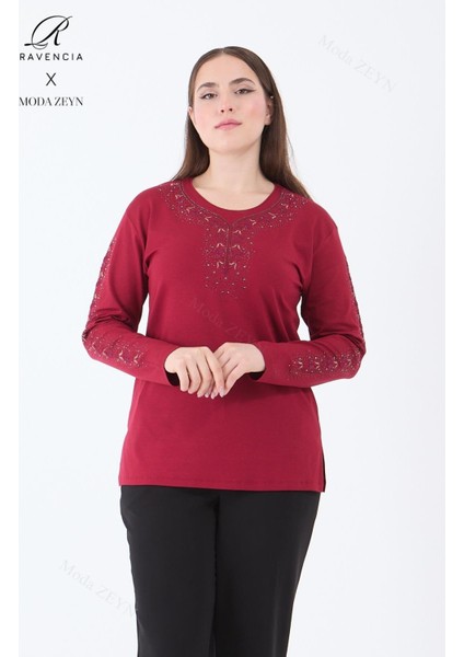 Kadın Orta Yaş ve Üzeri Viskon Şerit Çiçek Desen Taşlı Işlemeli Likralı Bordo Anne Penye Bluz fiyatları