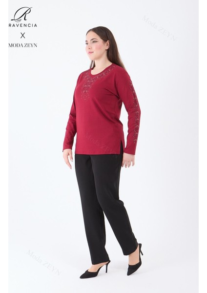 Kadın Orta Yaş ve Üzeri Viskon Şerit Çiçek Desen Taşlı Işlemeli Likralı Bordo Anne Penye Bluz modelleri