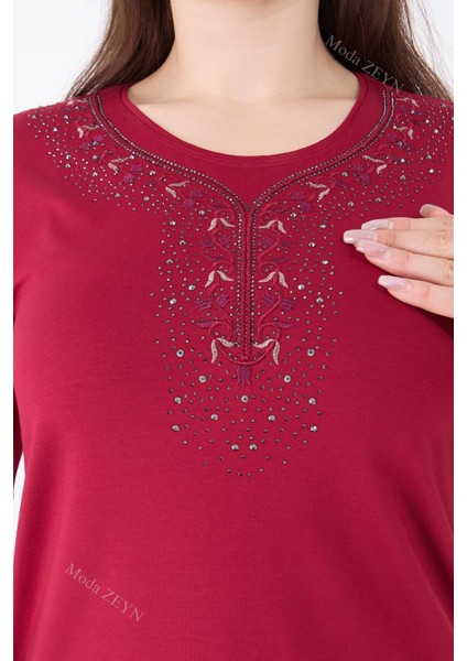 Kadın Orta Yaş ve Üzeri Viskon Şerit Çiçek Desen Taşlı Işlemeli Likralı Bordo Anne Penye Bluz fırsatları