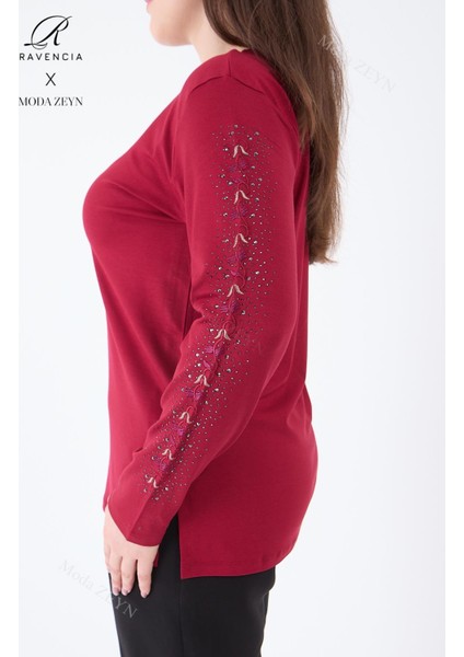 Kadın Orta Yaş ve Üzeri Viskon Şerit Çiçek Desen Taşlı Işlemeli Likralı Bordo Anne Penye Bluz indirimleri