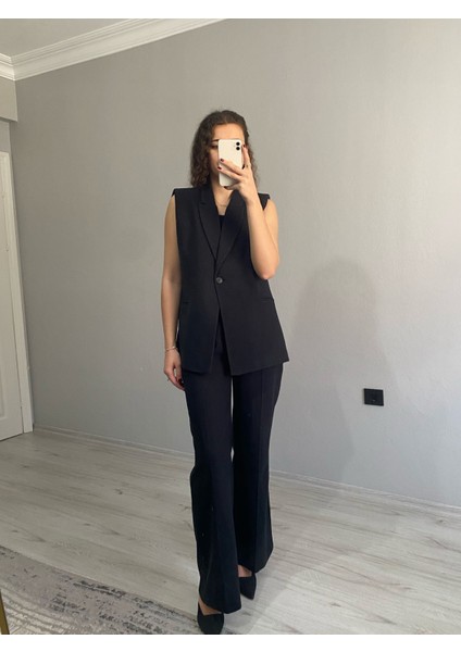 Kruvaze Yaka Vatkalı Yelek Arka Bel Lastikli Salaş Pantolon Keten Takım