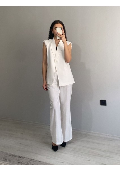 Kruvaze Yaka Vatkalı Yelek Arka Bel Lastikli Salaş Pantolon Keten Takım