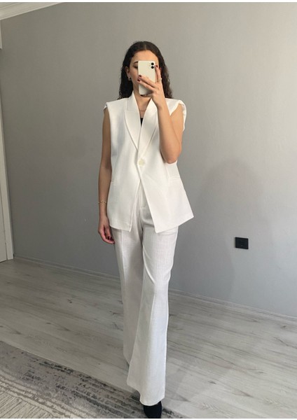 Kruvaze Yaka Vatkalı Yelek Arka Bel Lastikli Salaş Pantolon Keten Takım modelleri