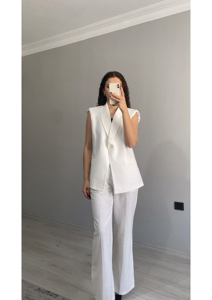 Kruvaze Yaka Vatkalı Yelek Arka Bel Lastikli Salaş Pantolon Keten Takım fırsatları