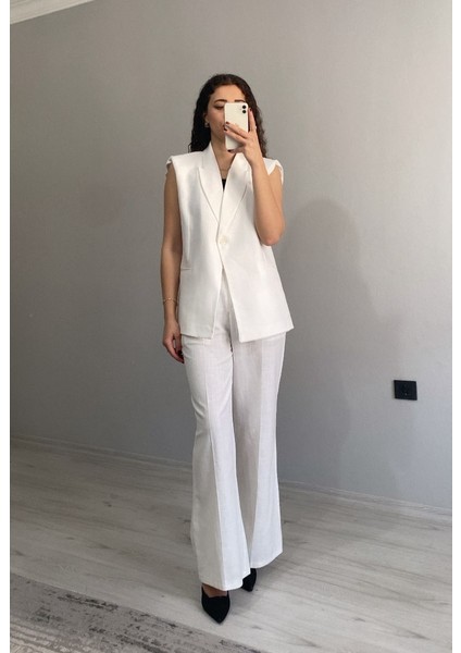 Kruvaze Yaka Vatkalı Yelek Arka Bel Lastikli Salaş Pantolon Keten Takım indirimleri