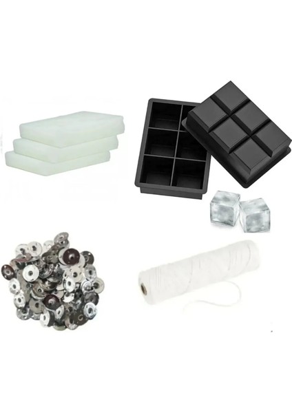 Kare Mum Kalıbı 6lı+Mum Fitil Tutacağı 20LI+MUM Fitili 2 M + Katı Parafin 500 G Mum Yapımı Seti