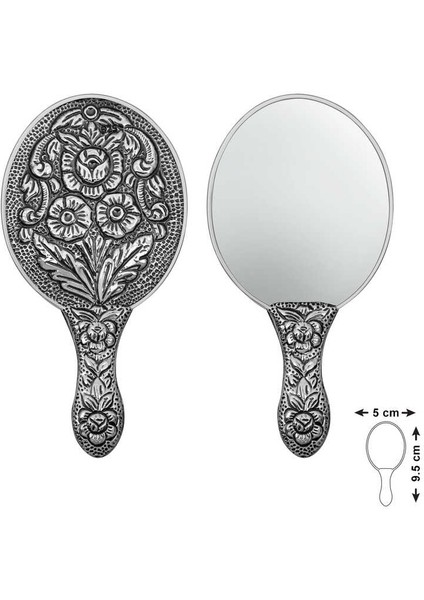 Gümüş Papatya ve Gül Motifli El Aynası