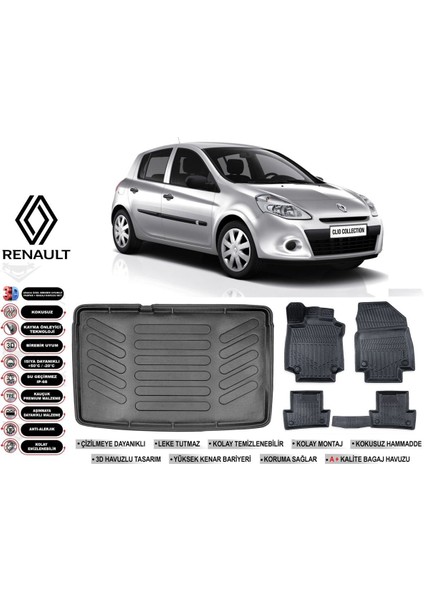 Clio 3 2011 Model Kancasız Bagaj Havuzu Araca Özel Siyah Havuzlu Paspas Takımı Sett