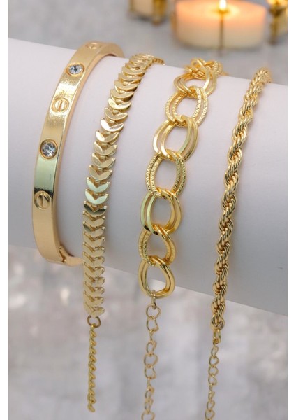 4 Parçalı Her Bileğe Uygun Gold Renk Kadın Bileklik Seti