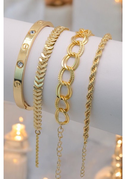 4 Parçalı Her Bileğe Uygun Gold Renk Kadın Bileklik Seti fiyatları