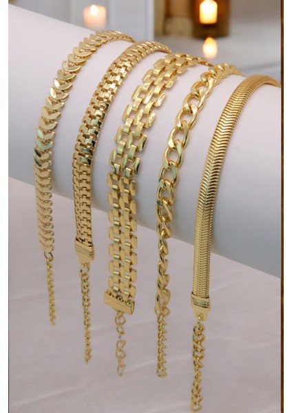 5 Parçalı Her Bileğe Uygun Gold Renk Kadın Bileklik Seti