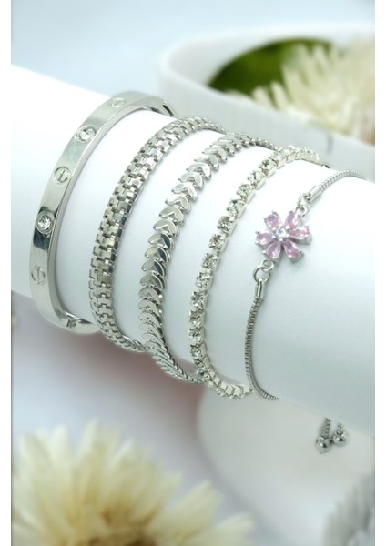 5 Parçalı Asansörlü Pembe Lotus Detay Gümüş Renk Kadın Bileklik Seti fiyatları