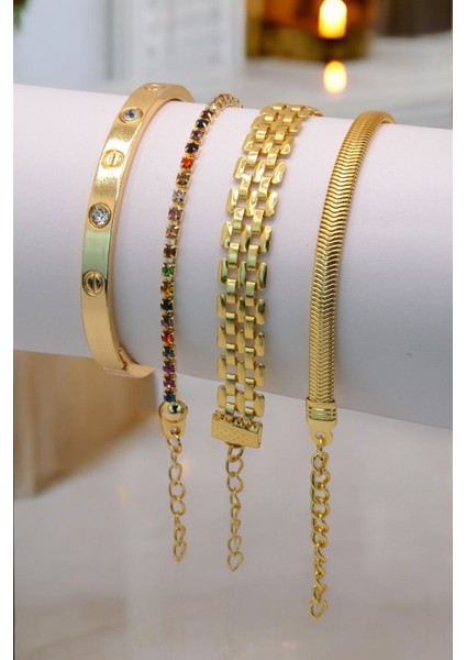 4 Parçalı Her Bileğe Uygun Gold Renk Kadın Bileklik Seti