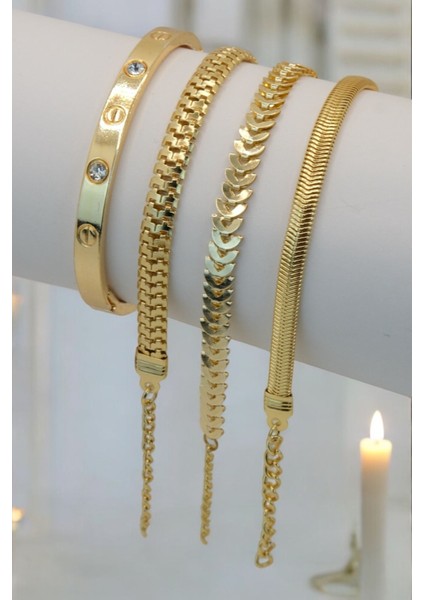 4 Parçalı Her Bileğe Uygun Gold Renk Kadın Bileklik Seti fiyatları
