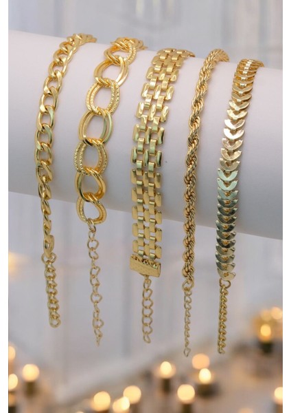 5 Parçalı Her Bileğe Uygun Gold Renk Kadın Bileklik Seti
