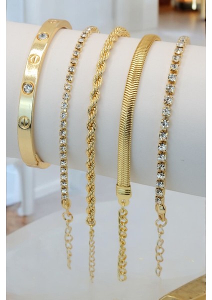 5 Parçalı Her Bileğe Uygun Gold Renk Kadın Bileklik Seti fiyatları