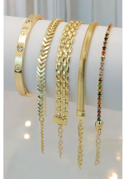 5 Parçalı Her Bileğe Uygun Gold Renk Kadın Bileklik Seti