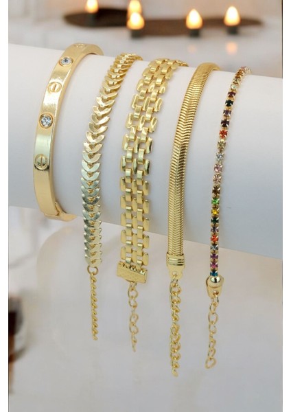 5 Parçalı Her Bileğe Uygun Gold Renk Kadın Bileklik Seti fiyatları