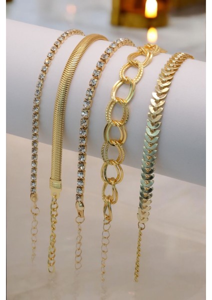 5 Parçalı Her Bileğe Uygun Gold Renk Kadın Bileklik Seti fiyatları