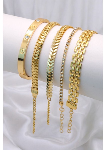 5 Parçalı Her Bileğe Uygun Gold Renk Kadın Bileklik Seti