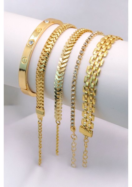 5 Parçalı Her Bileğe Uygun Gold Renk Kadın Bileklik Seti fiyatları