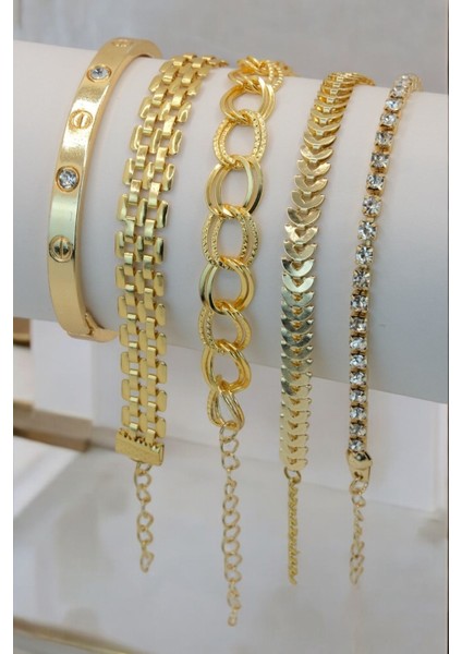 5 Parçalı Her Bileğe Uygun Gold Renk Kadın Bileklik Seti fiyatları