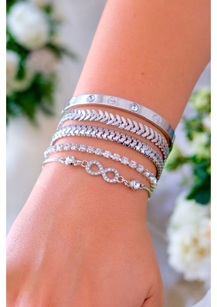 Gümüş Renk Asansörlü Ayarlanabilir Sonsuzluk Detay 5 Parçalı Kadın Bileklik Seti