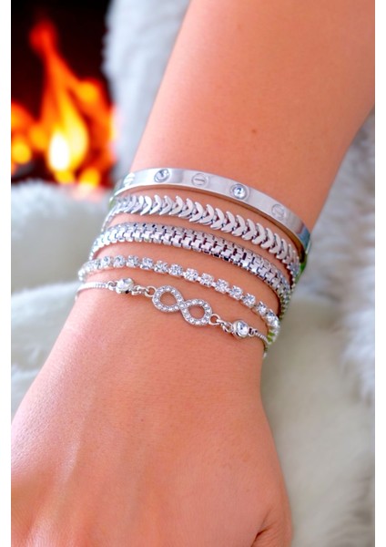 Gümüş Renk Asansörlü Ayarlanabilir Sonsuzluk Detay 5 Parçalı Kadın Bileklik Seti fiyatları