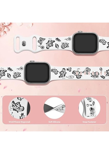 Apple Watch 42 44 45 46 49 mm Series 10 9 8 7 Se 6 5 4 3 Uyumlu Kelebek Desen Yumuşak Silikon Kordon modelleri