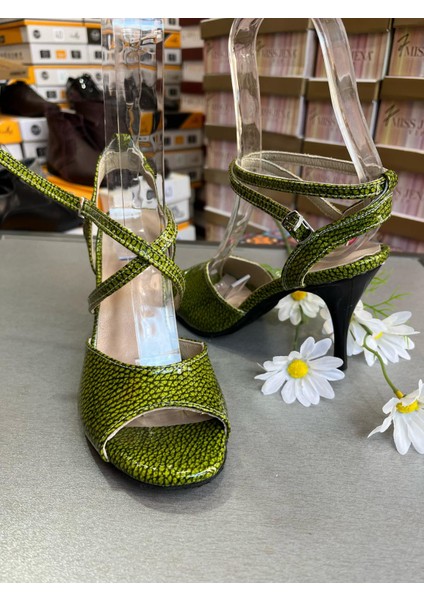 Yağ Yeşili Siyah Petek Desenli Kelebek Model Tango, Dans ve Salon Abiye Ayakkabısı 8,5 cm Topuk Boy