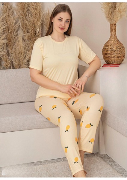 Sari Kısa Kollu Limon Desenli Battal Pijama Takımı Milan Kumaş