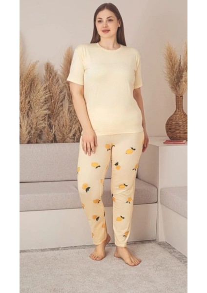 Sari Kısa Kollu Limon Desenli Battal Pijama Takımı Milan Kumaş