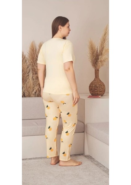 Sari Kısa Kollu Limon Desenli Battal Pijama Takımı Milan Kumaş