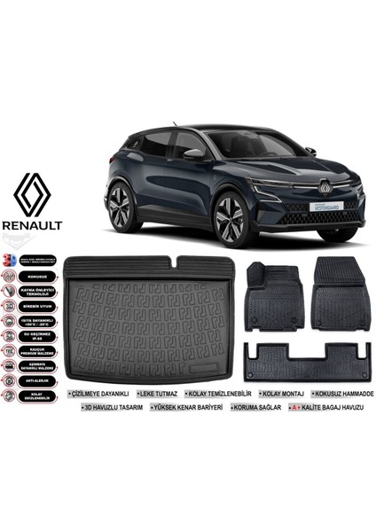 Megane E-Tech 2024 Model Bagaj Havuzu Araca Özel Siyah Havuzlu Paspas Takımı Sett