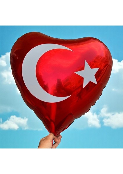 Türk Bayraklı Balon 70 cm 7 Adet Kırmızı Kalpli Türk Bayraklı Folyo Balon Metalik Balon
