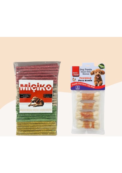100LÜ Renkli Munchy Köpek Ödülü + 4lü Tavuklu Kemik 7cm