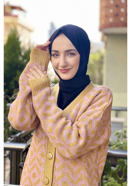 Jakar Desenli Triko Hırka Hardal