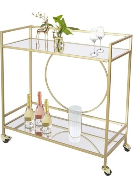 Daire Metal Gold Camlı Servis ve Sunum Arabası