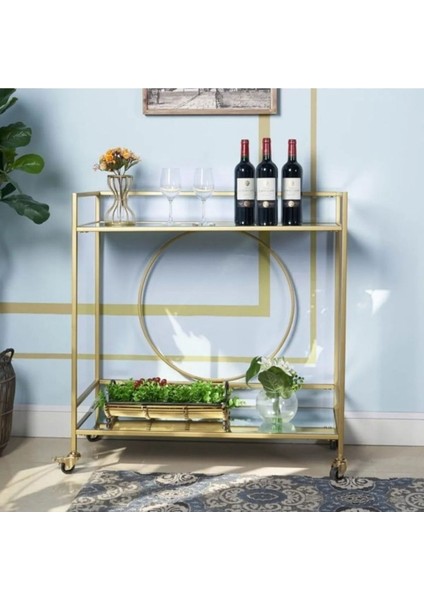 Daire Metal Gold Camlı Servis ve Sunum Arabası fiyatları